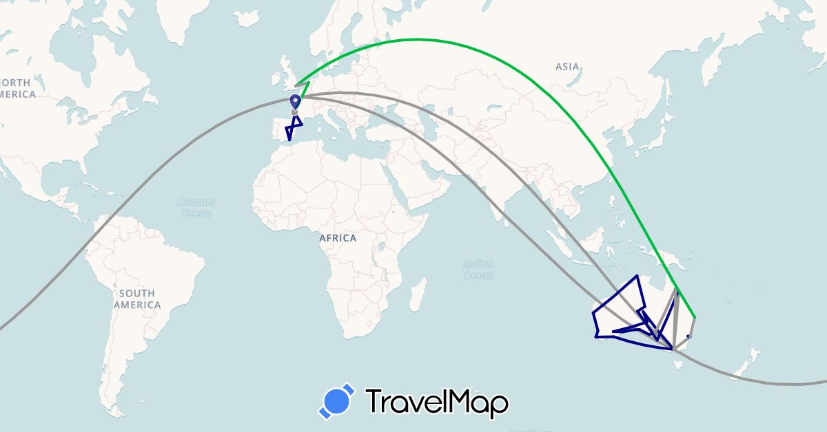 TravelMap itinerary: driving, bus, plane, boat in Australia, China, Spain, France, United Kingdom, Indonesia, Netherlands (Asia, Europe, Oceania)